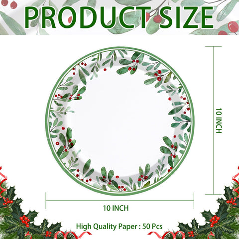 50 Pcs 10 Inch Mistletoe Berry Party Paper Plates - Grencian