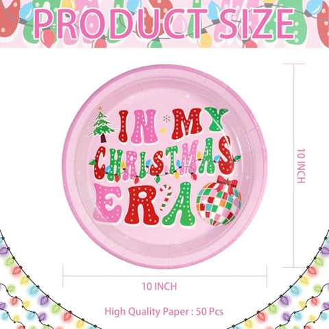 50 Pcs 10 Inch Pink Christmas Party Paper Plates - Grencian