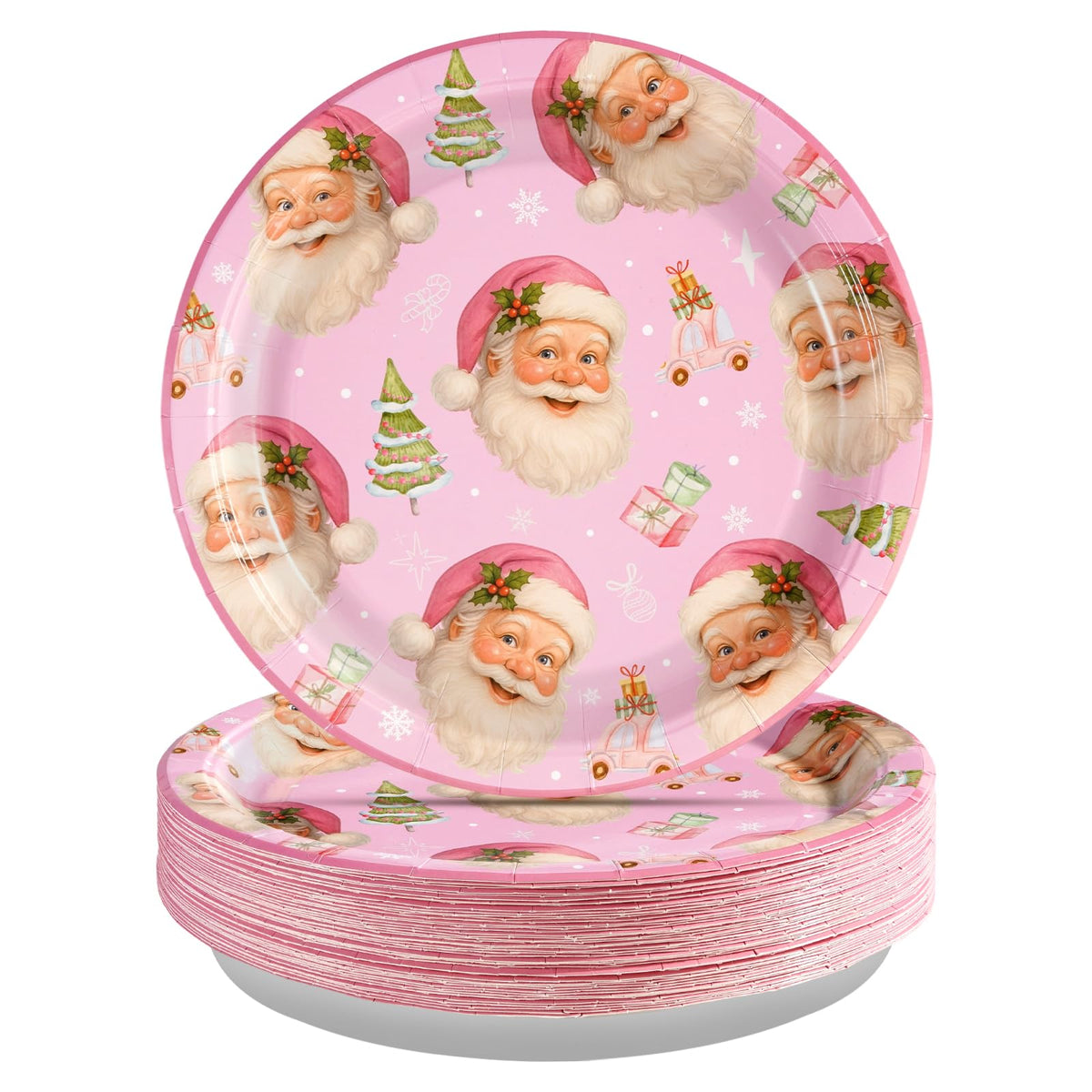 50 Pcs 10 Inch Pink Santa Party Paper Plates - Grencian