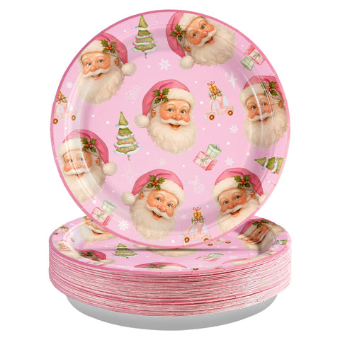 50 Pcs 10 Inch Pink Santa Party Paper Plates - Grencian