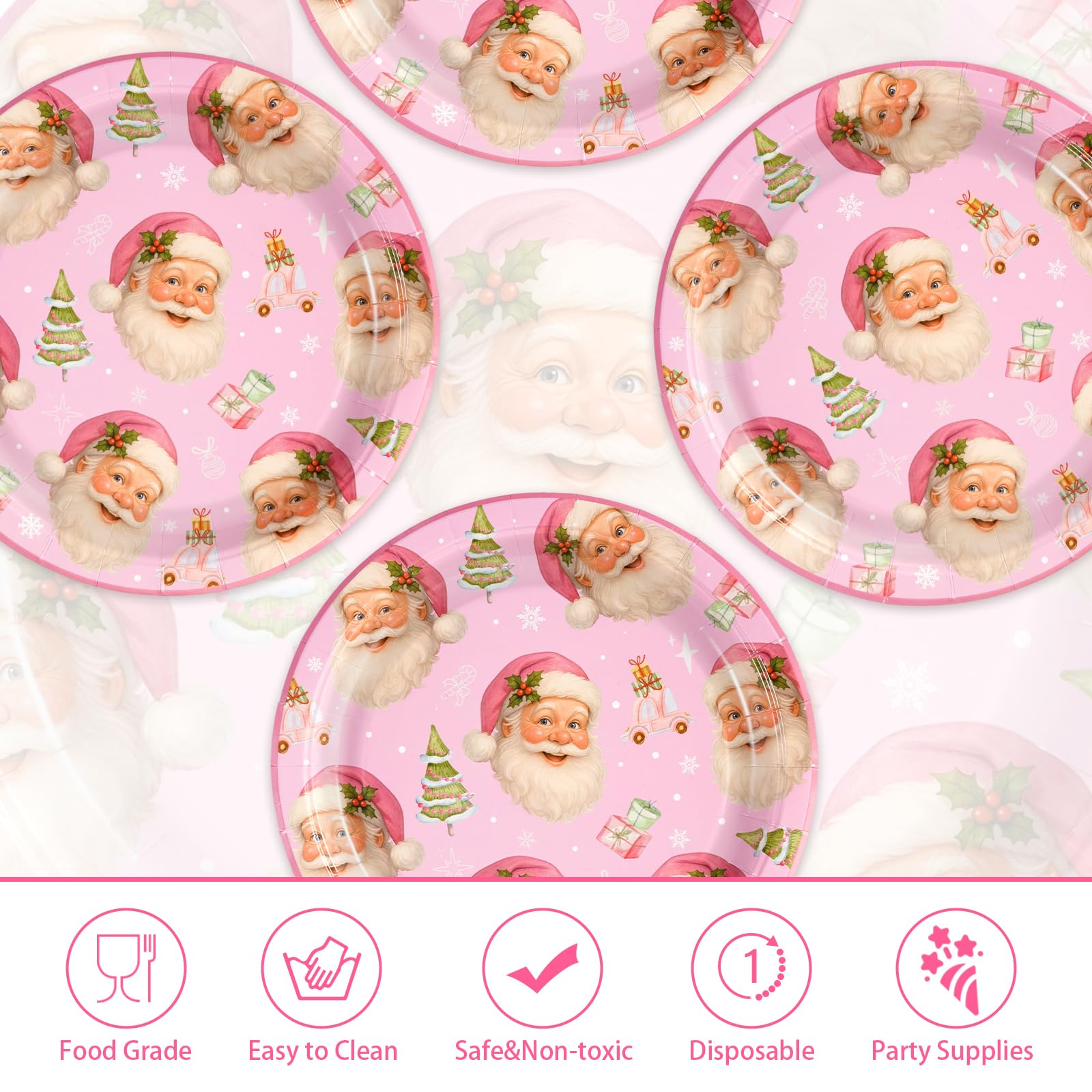 50 Pcs 10 Inch Pink Santa Party Paper Plates - Grencian