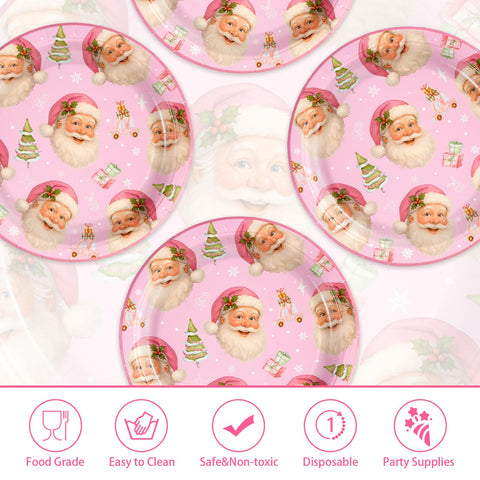 50 Pcs 10 Inch Pink Santa Party Paper Plates - Grencian