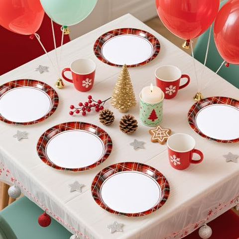 50 Pcs 10 Inch Red Black Gingham Party Paper Plates - Grencian