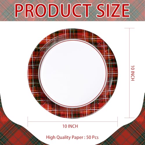 50 Pcs 10 Inch Red Black Gingham Party Paper Plates - Grencian