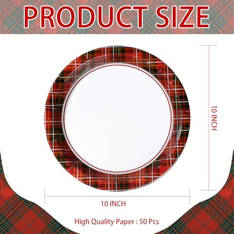 50 Pcs 10 Inch Red Black Gingham Party Paper Plates - Grencian