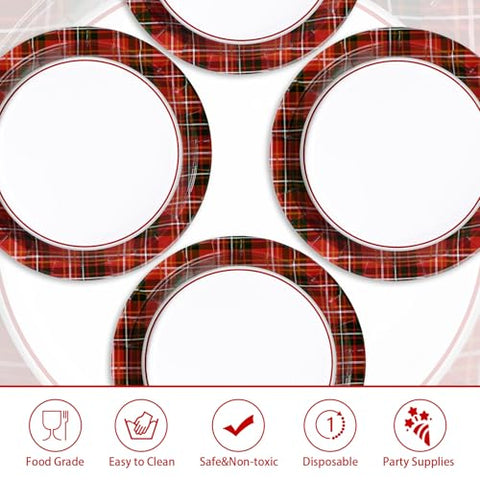 50 Pcs 10 Inch Red Black Gingham Party Paper Plates - Grencian