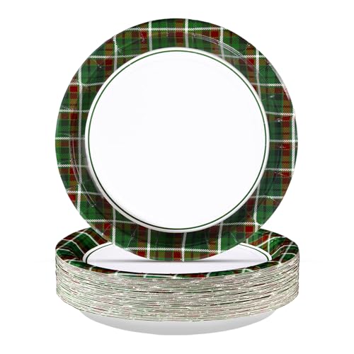 50 Pcs 10 Inch Red Green Gingham Party Paper Plates - Grencian