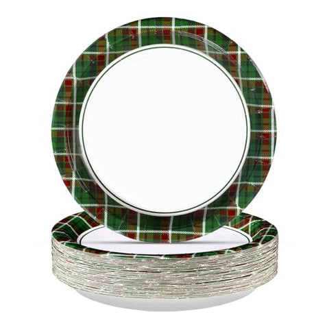 50 Pcs 10 Inch Red Green Gingham Party Paper Plates - Grencian