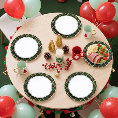 50 Pcs 10 Inch Red Green Gingham Party Paper Plates - Grencian