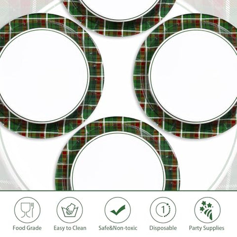 50 Pcs 10 Inch Red Green Gingham Party Paper Plates - Grencian