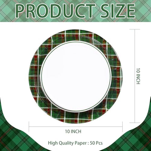 50 Pcs 10 Inch Red Green Gingham Party Paper Plates - Grencian