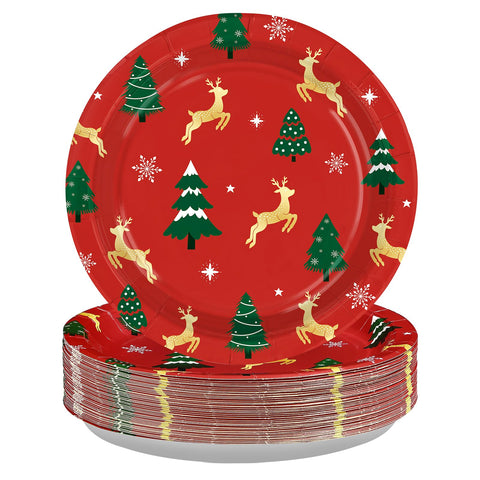 50 Pcs 10 Inch Red Pine Deer Party Paper Plates - Grencian