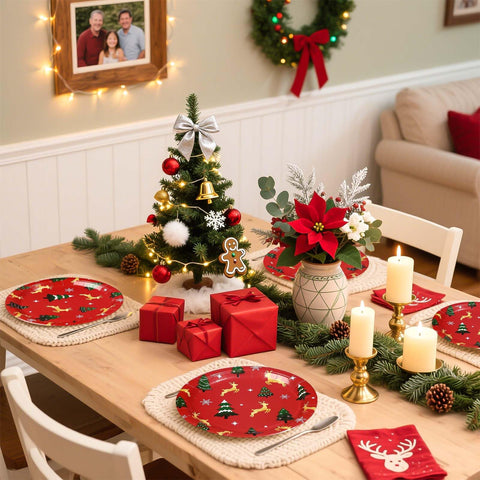 50 Pcs 10 Inch Red Pine Deer Party Paper Plates - Grencian