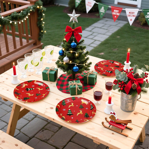 50 Pcs 10 Inch Red Pine Deer Party Paper Plates - Grencian