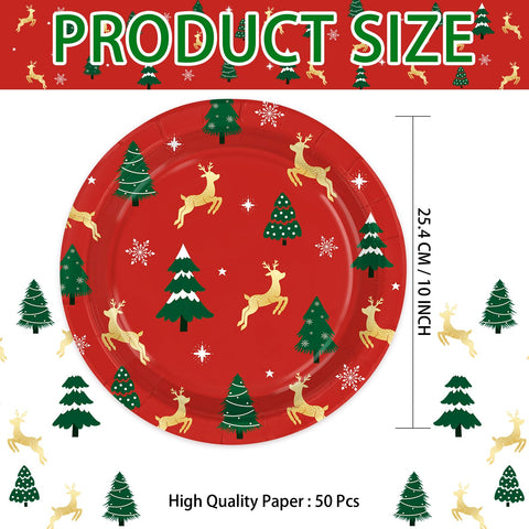 50 Pcs 10 Inch Red Pine Deer Party Paper Plates - Grencian