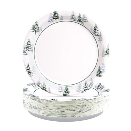 50 Pcs 10 Inch Snowy Pine Tree Party Paper Plates - Grencian