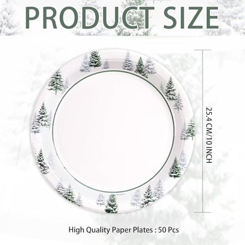 50 Pcs 10 Inch Snowy Pine Tree Party Paper Plates - Grencian
