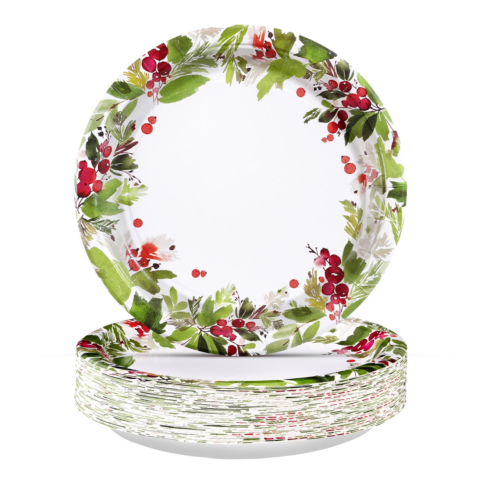 50 Pcs 10 Inch Watercolor Holly Party Paper Plates - Grencian