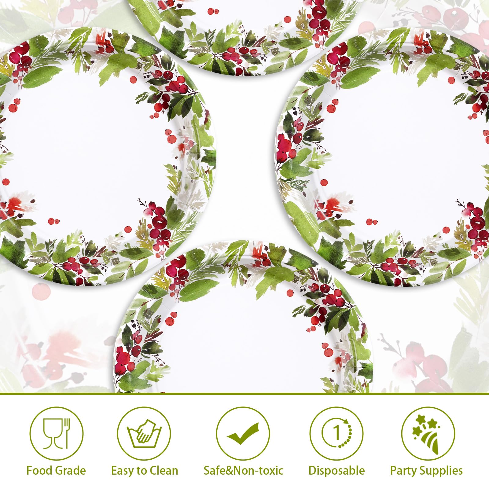 50 Pcs 10 Inch Watercolor Holly Party Paper Plates - Grencian