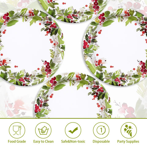 50 Pcs 10 Inch Watercolor Holly Party Paper Plates - Grencian