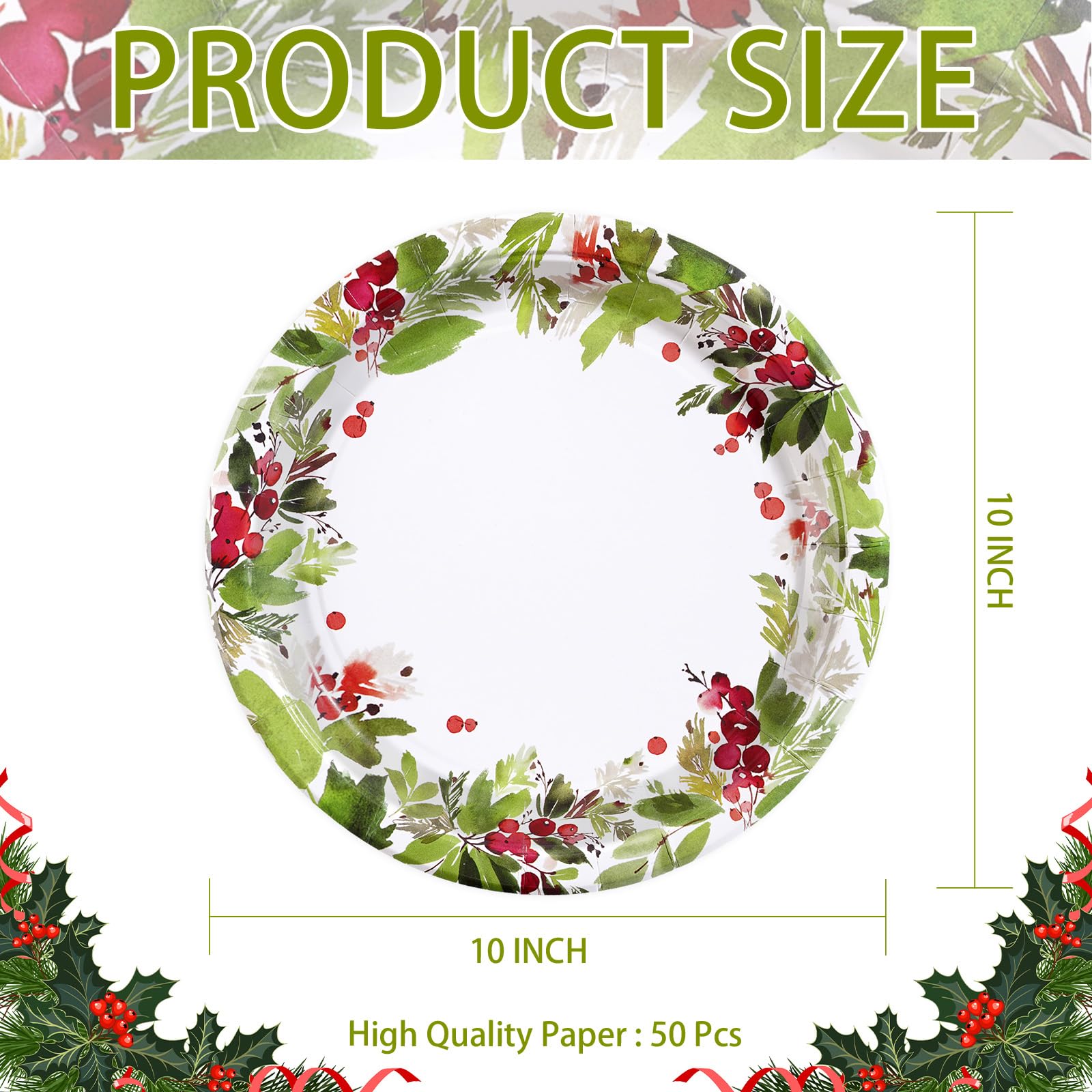 50 Pcs 10 Inch Watercolor Holly Party Paper Plates - Grencian
