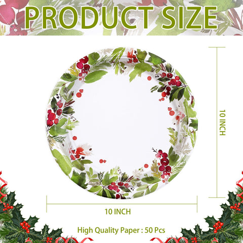 50 Pcs 10 Inch Watercolor Holly Party Paper Plates - Grencian