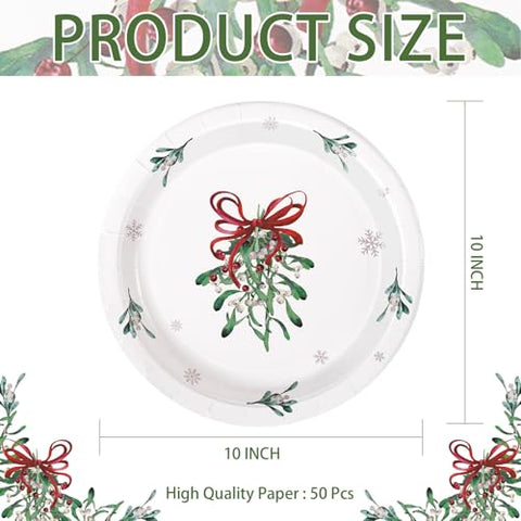 50 Pcs 10 Inch Xmas Mistletoe Bow Party Paper Plates - Grencian