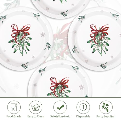 50 Pcs 10 Inch Xmas Mistletoe Bow Party Paper Plates - Grencian