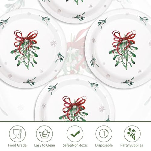 50 Pcs 10 Inch Xmas Mistletoe Bow Party Paper Plates - Grencian