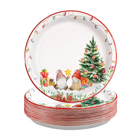 50 Pcs 10 Inch Xmas Tree Gnome Party Paper Plates - Grencian