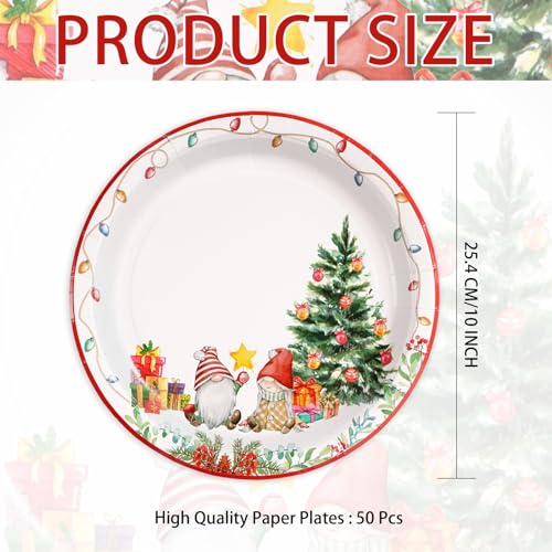 50 Pcs 10 Inch Xmas Tree Gnome Party Paper Plates - Grencian