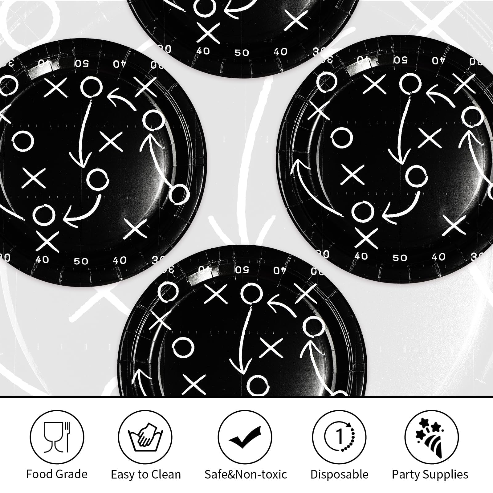 50 Pcs 10-inch Black Football Party Paper Plates - Grencian