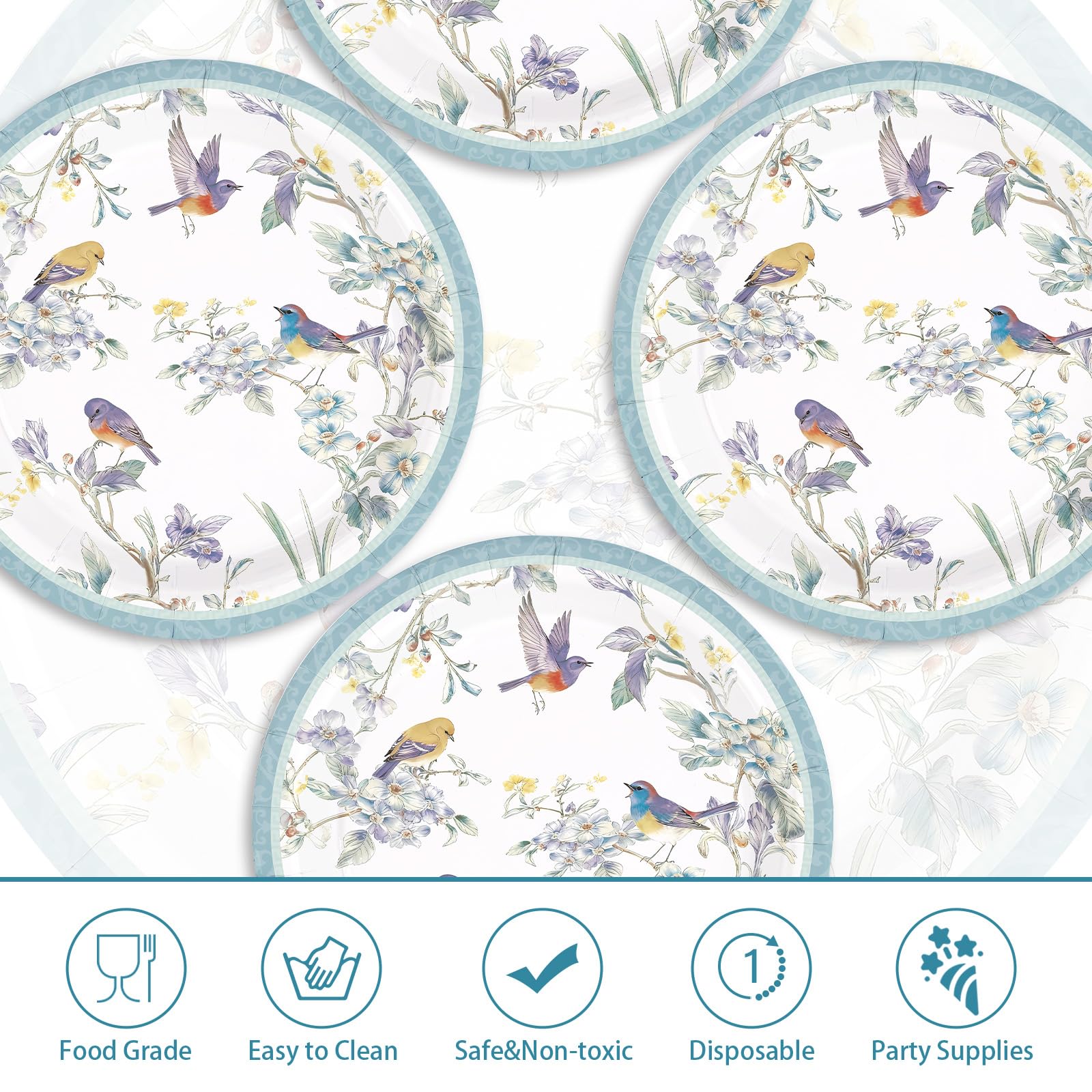 50 Pcs 10-inch Blue Birds Party Paper Plates - Grencian