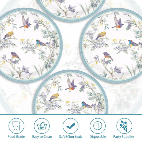 50 Pcs 10-inch Blue Birds Party Paper Plates - Grencian
