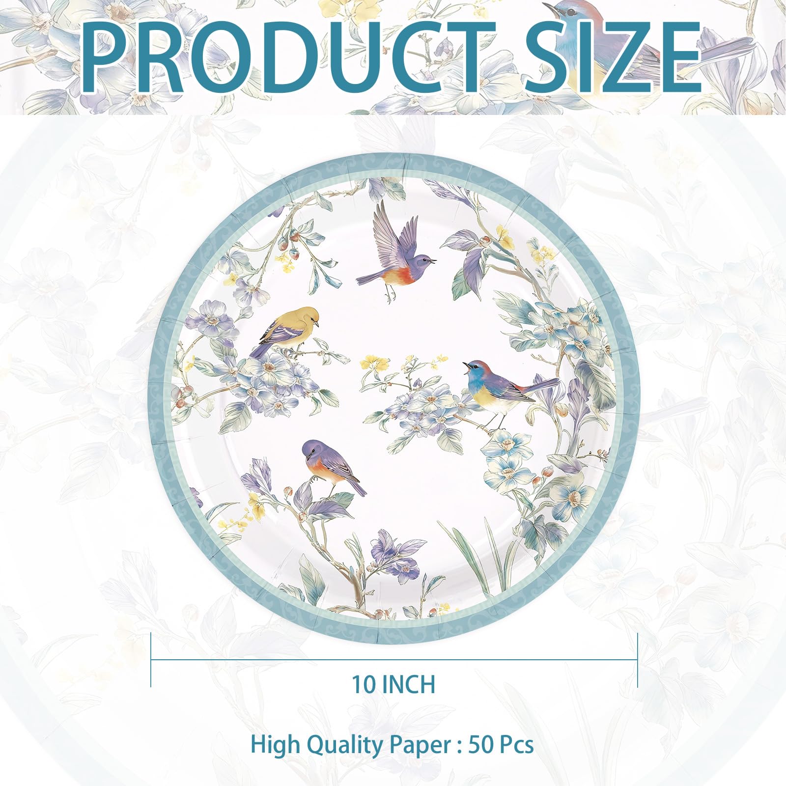 50 Pcs 10-inch Blue Birds Party Paper Plates - Grencian