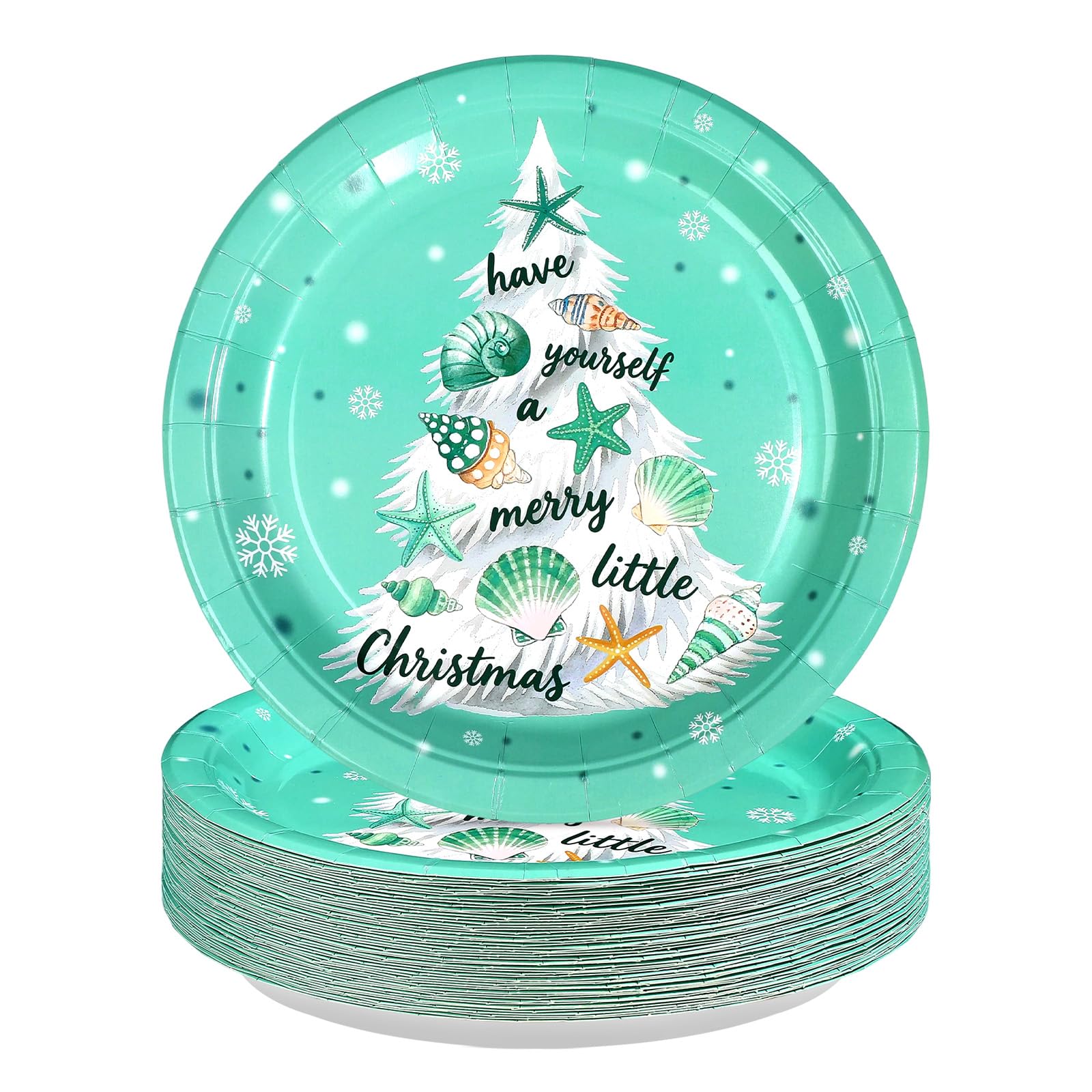 50 Pcs 10 Inch Blue Coastal Xmas Tree Party Paper Plates - Grencian