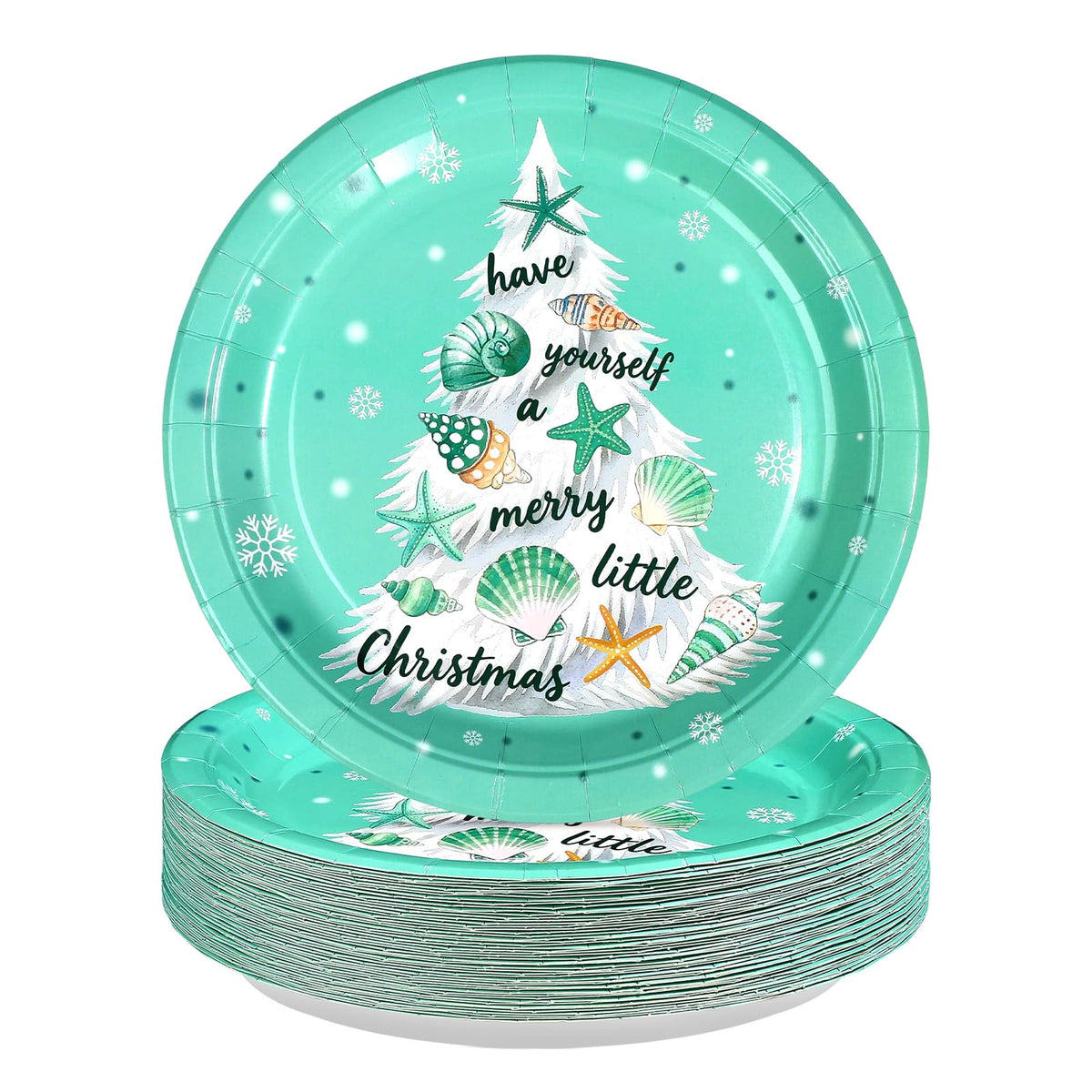 50 Pcs 10 Inch Blue Coastal Xmas Tree Party Paper Plates - Grencian