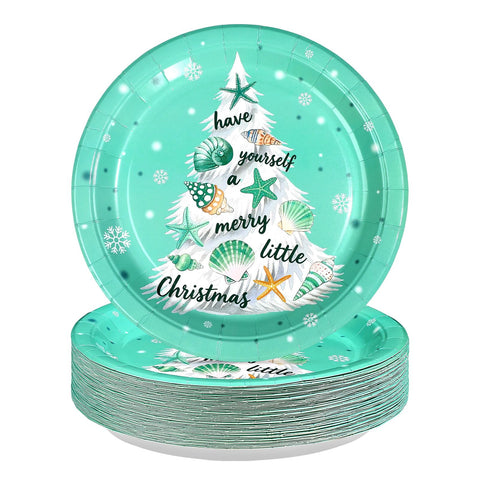 50 Pcs 10 Inch Blue Coastal Xmas Tree Party Paper Plates - Grencian