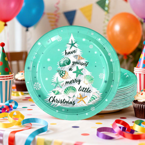50 Pcs 10 Inch Blue Coastal Xmas Tree Party Paper Plates - Grencian