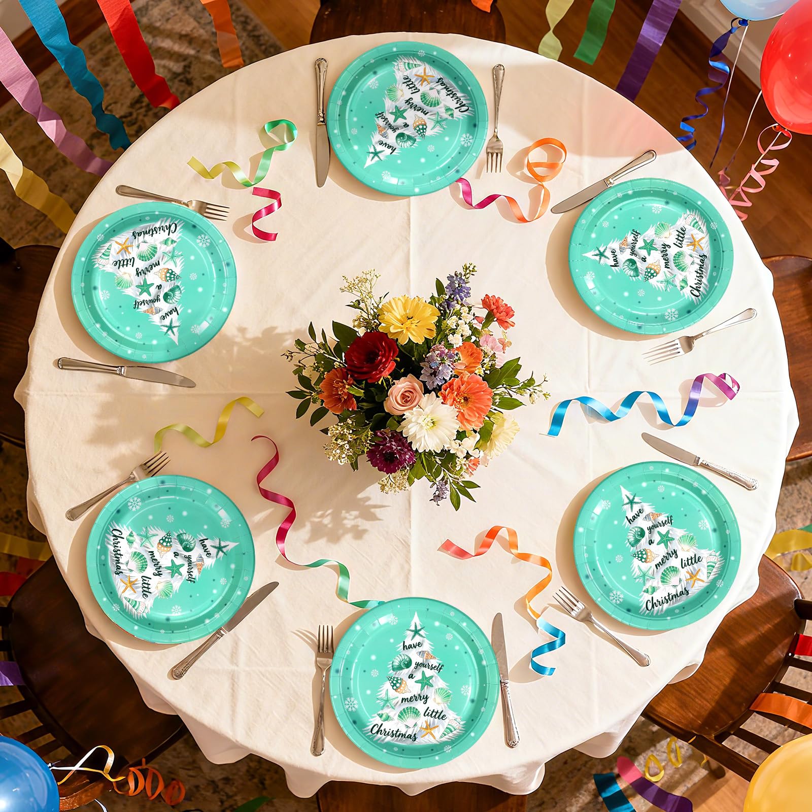 50 Pcs 10 Inch Blue Coastal Xmas Tree Party Paper Plates - Grencian