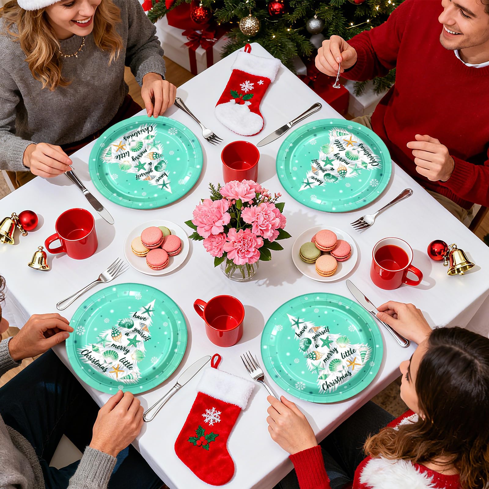 50 Pcs 10 Inch Blue Coastal Xmas Tree Party Paper Plates - Grencian