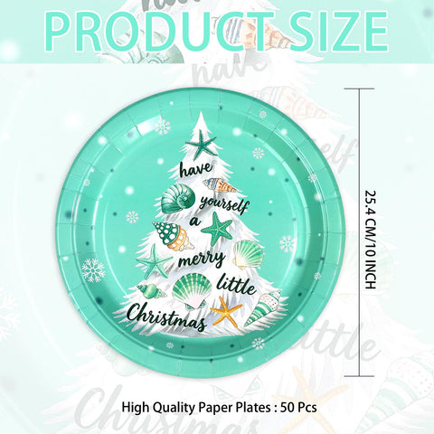 50 Pcs 10 Inch Blue Coastal Xmas Tree Party Paper Plates - Grencian