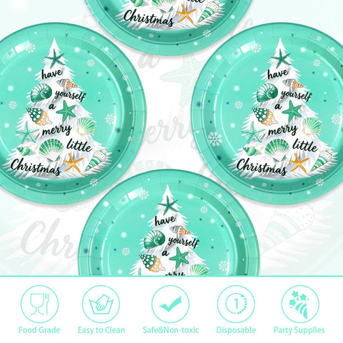 50 Pcs 10 Inch Blue Coastal Xmas Tree Party Paper Plates - Grencian