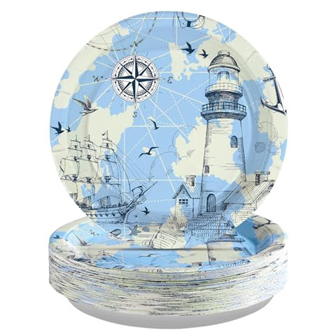 50 Pcs 10-inch Blue Nautical Party Paper Plates - Grencian