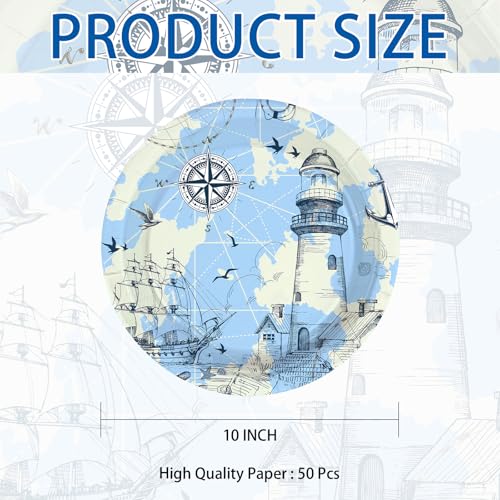 50 Pcs 10-inch Blue Nautical Party Paper Plates - Grencian