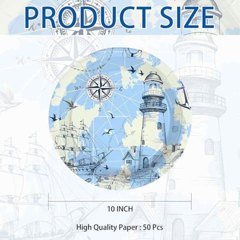 50 Pcs 10-inch Blue Nautical Party Paper Plates - Grencian