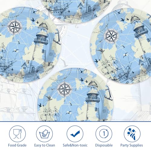 50 Pcs 10-inch Blue Nautical Party Paper Plates - Grencian