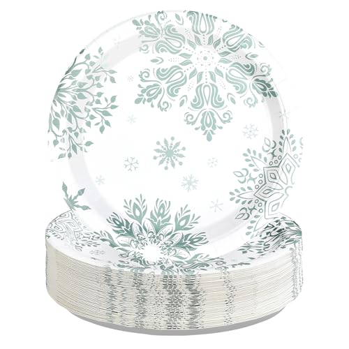 50 Pcs 10-inch Blue Snowflake Party Paper Plates - Grencian