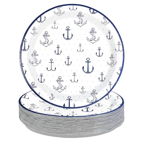 50 Pcs 10-inch Nautical Anchor Party Paper Plates - Grencian