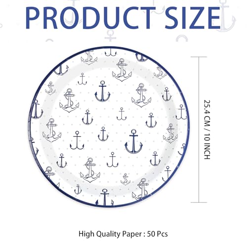 50 Pcs 10-inch Nautical Anchor Party Paper Plates - Grencian